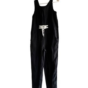 ZARA GIRLS BLACK LINEN ROMPER WITH SIDE POCKETS AND WHITE COTTON ROPE NWOT